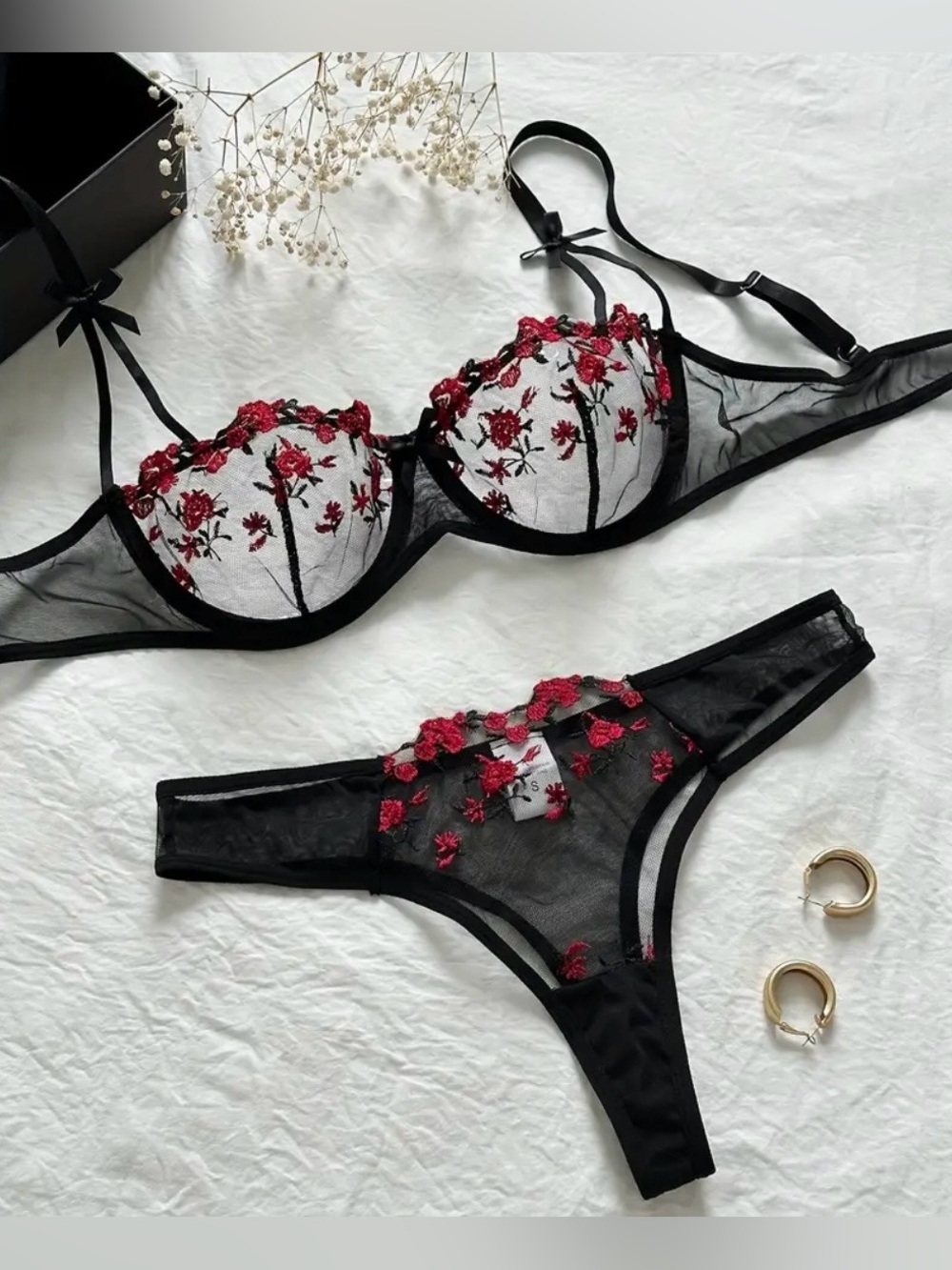 Sheer Black & Red Embroidered Lace Bra and Thong Set
